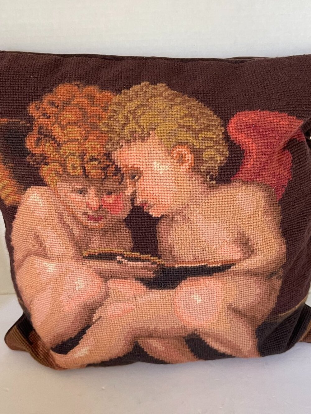 VTG Angel Tapestry Embroidered Pillow Brown Earthy Colors 15"x15"